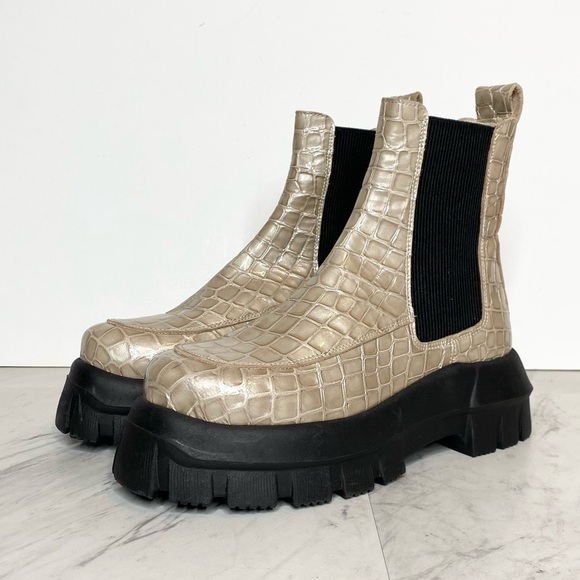 New! Topshop Alpha Platform Tan Croc Leather Chelsea Boot 37 - Picture 1 of 15